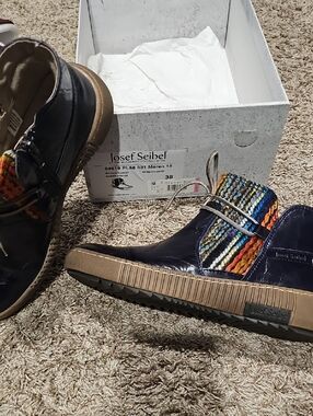 Josef Seibel Navy Leather Ankle Boot with Multicolor Knit Accent